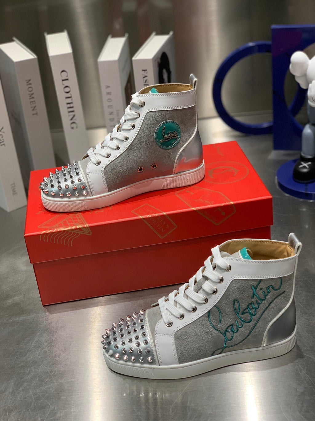 EMBROIDERED LOU SPIKES HIGH-TOP SNEAKERS IN GREY SUEDE MIX CALFSKIN