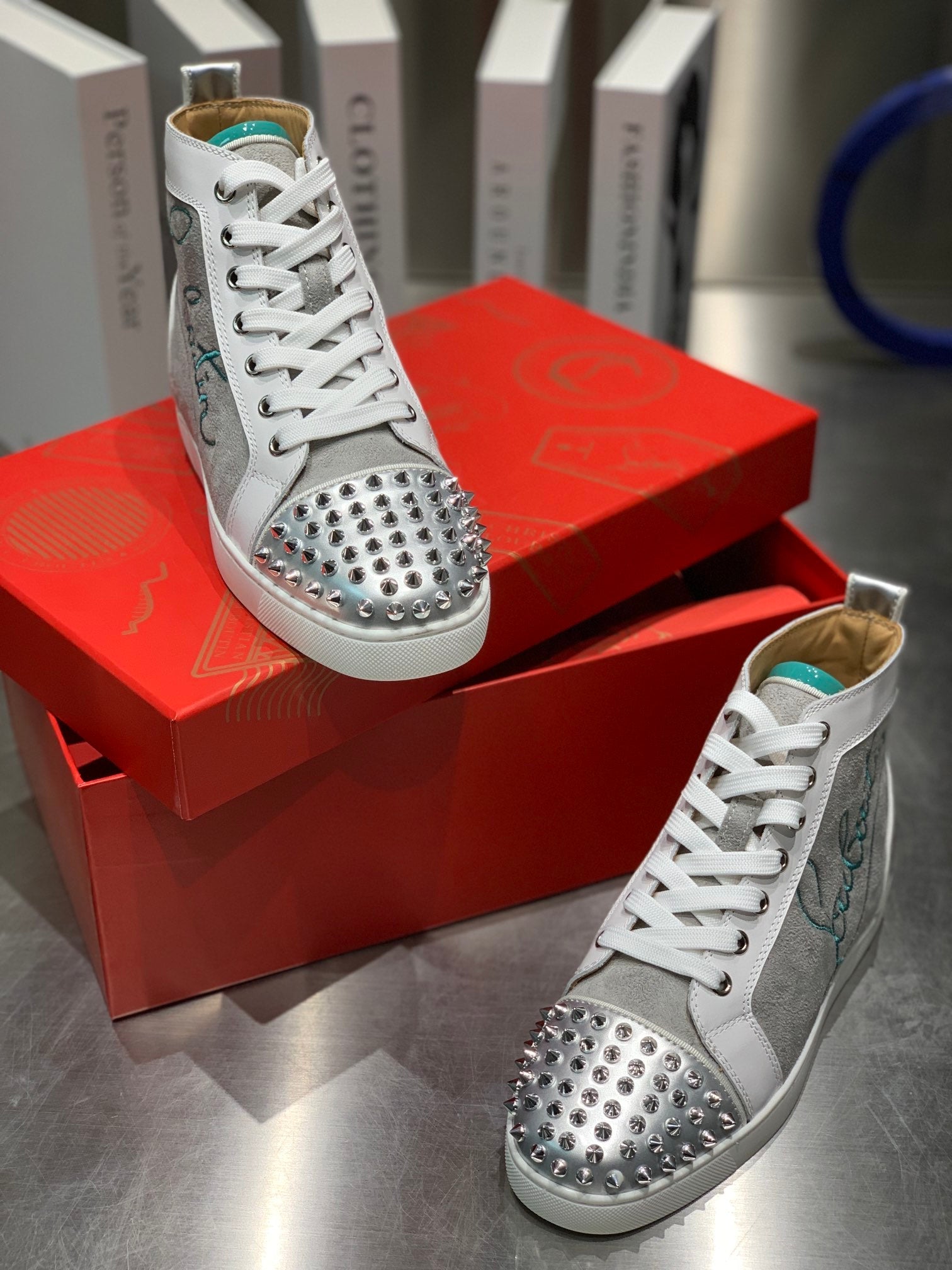 EMBROIDERED LOU SPIKES HIGH-TOP SNEAKERS IN GREY SUEDE MIX CALFSKIN