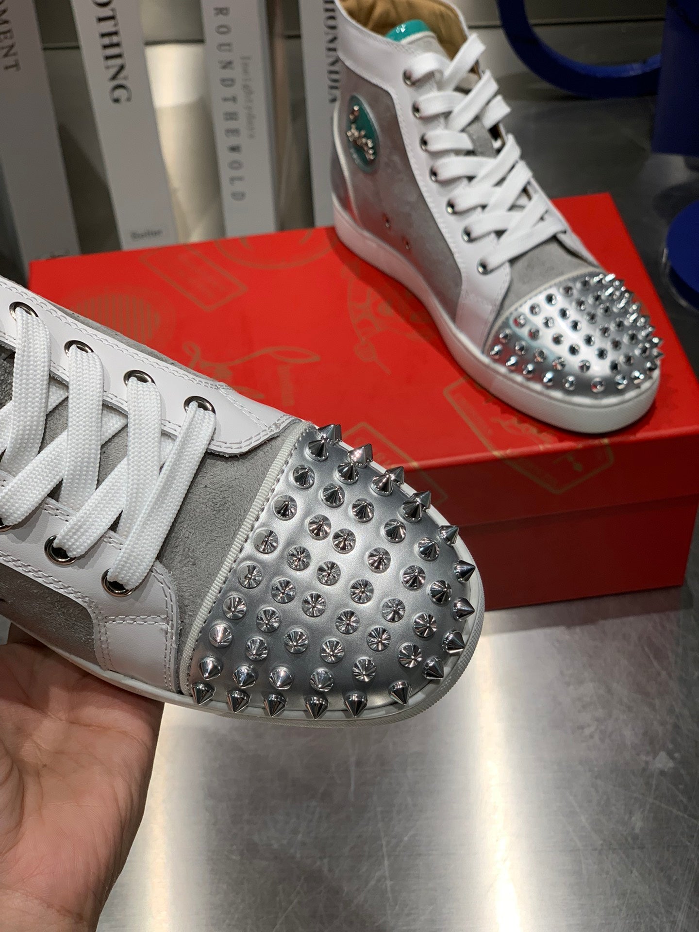 EMBROIDERED LOU SPIKES HIGH-TOP SNEAKERS IN GREY SUEDE MIX CALFSKIN