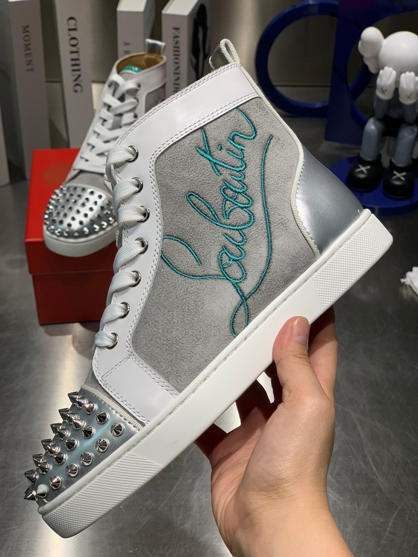 EMBROIDERED LOU SPIKES HIGH-TOP SNEAKERS IN GREY SUEDE MIX CALFSKIN