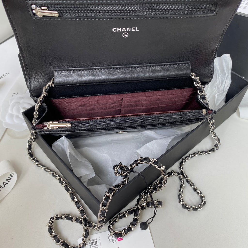 CHANEL 25S WALLET ON CHAIN 19 IN BLACK LAMBSKIN SILVER HARDWARE