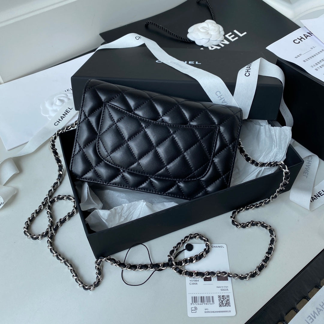 CHANEL 25S WALLET ON CHAIN 19 IN BLACK LAMBSKIN SILVER HARDWARE