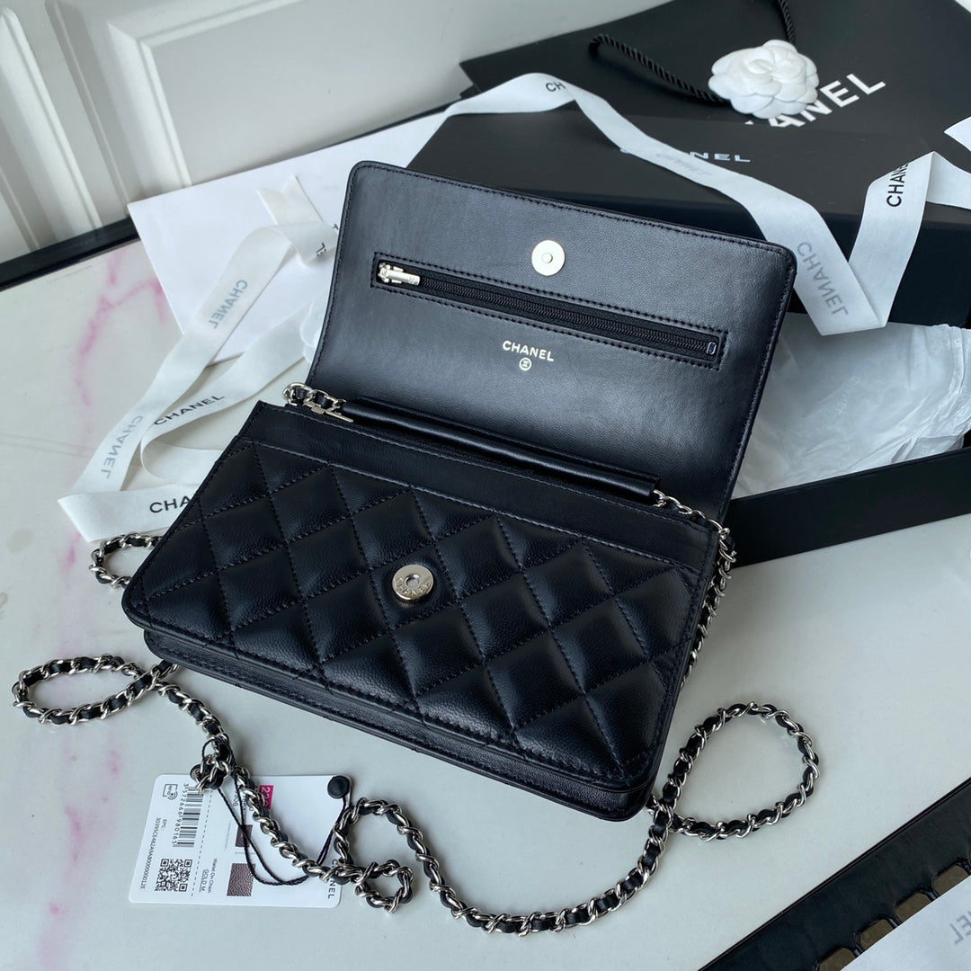 CHANEL 25S WALLET ON CHAIN 19 IN BLACK LAMBSKIN SILVER HARDWARE