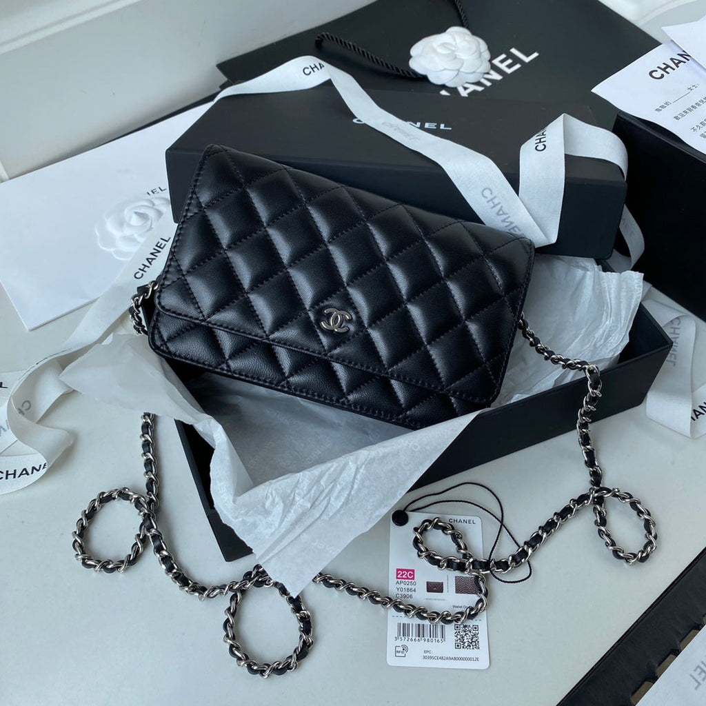 CHANEL 25S WALLET ON CHAIN 19 IN BLACK LAMBSKIN SILVER HARDWARE