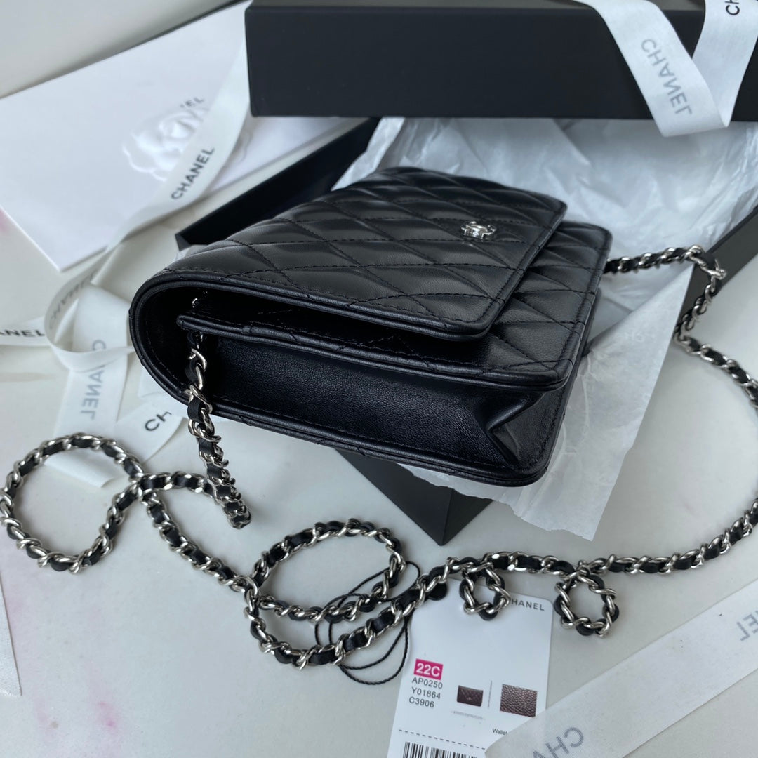 CHANEL 25S WALLET ON CHAIN 19 IN BLACK LAMBSKIN SILVER HARDWARE