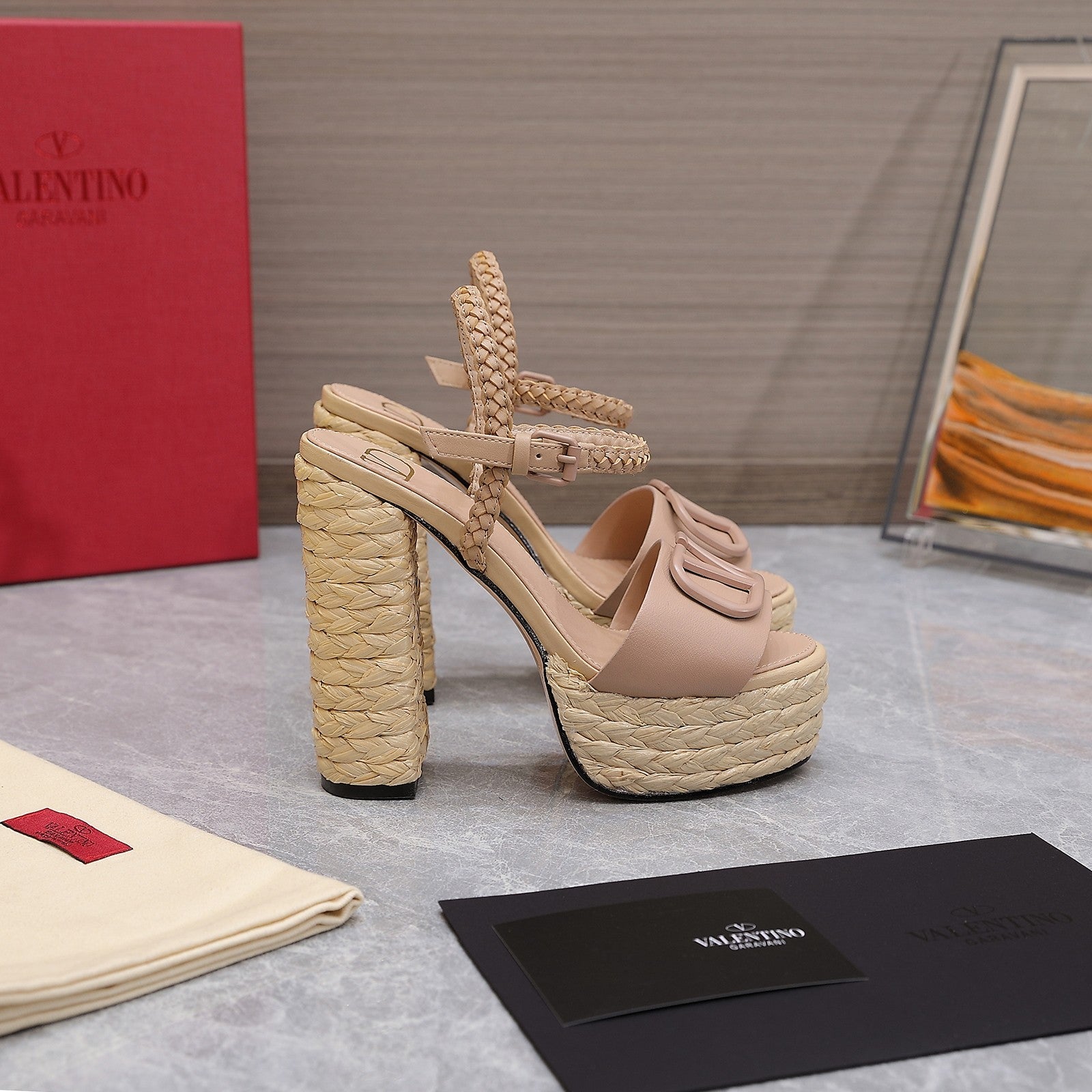 VLTN ESPADRILLE WEDGE SANDALS 25S 130 MM IN MUTED PEACH BEIGE LAMBSKIN