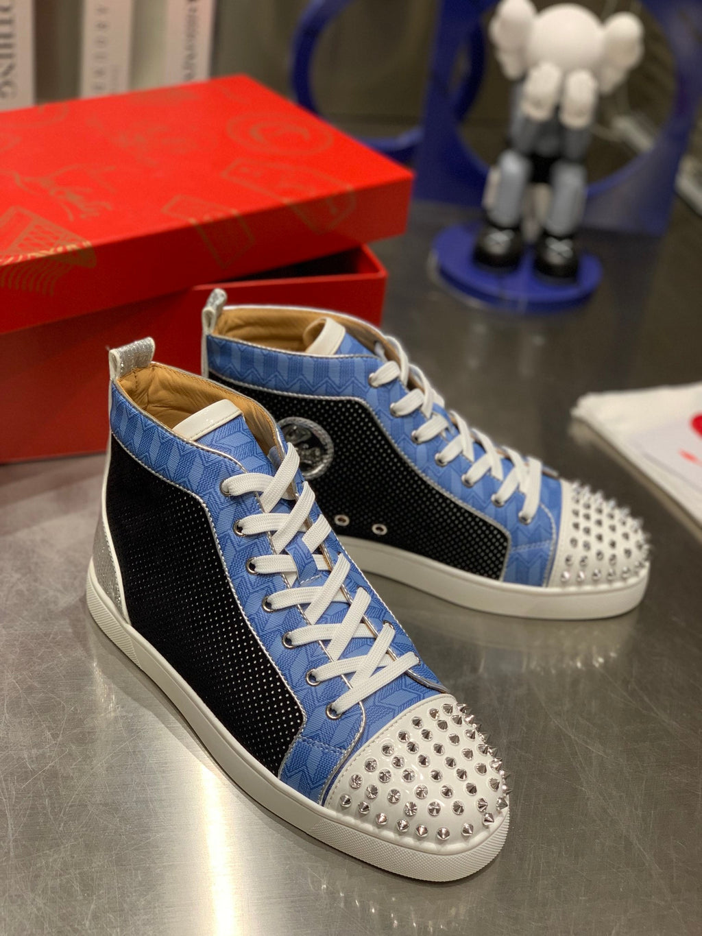 LOU SPIKES STUDDED HIGH-TOP SNEAKERS IN BLUE AND BLACK FABRIC MIX CALFSKIN