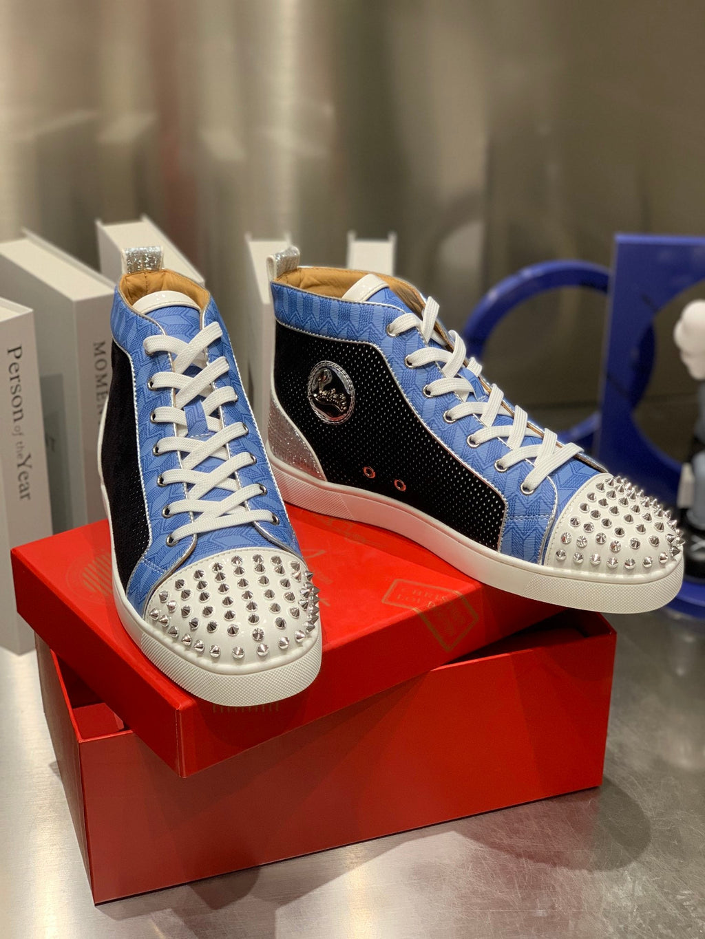 LOU SPIKES STUDDED HIGH-TOP SNEAKERS IN BLUE AND BLACK FABRIC MIX CALFSKIN