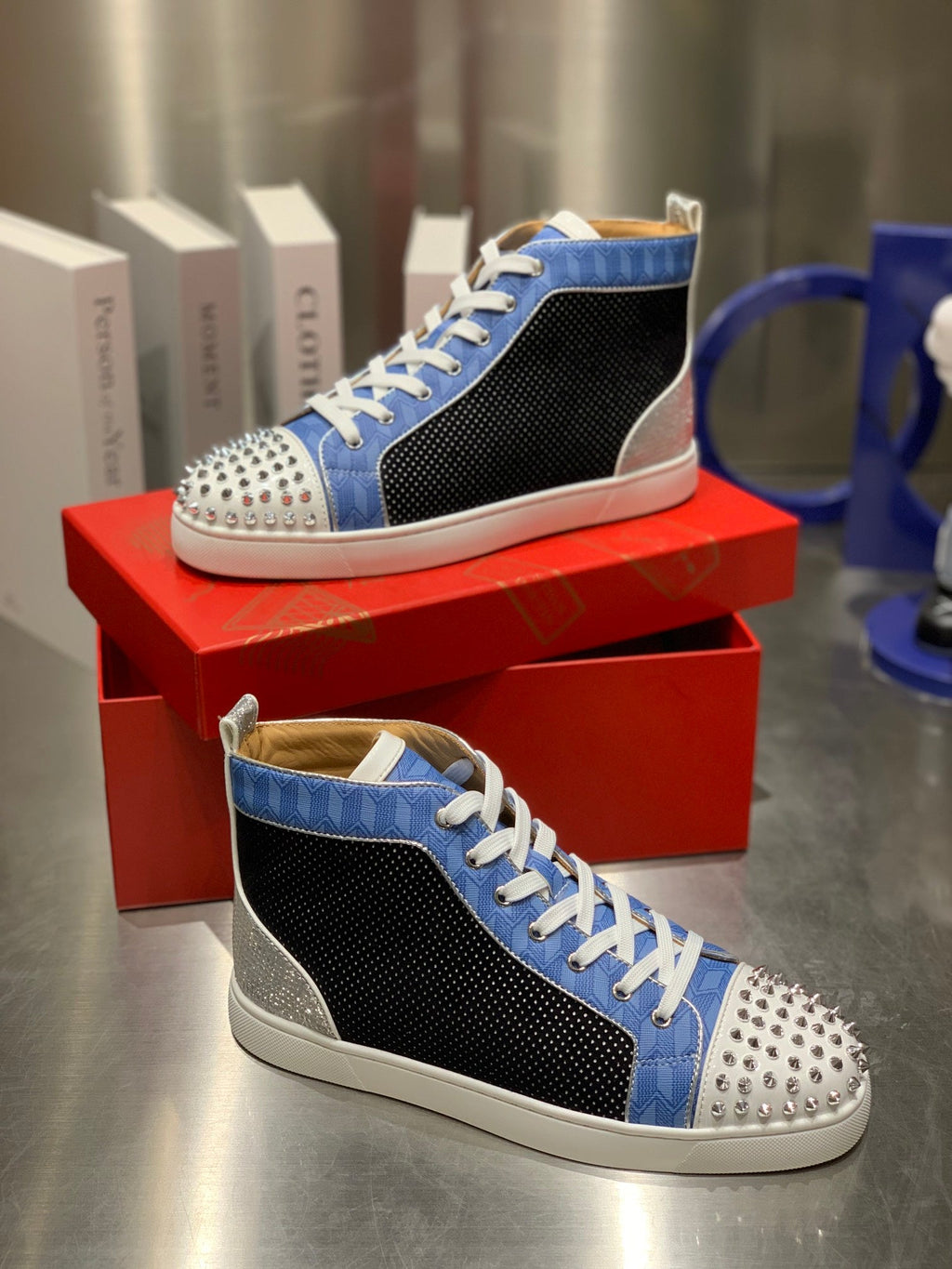 LOU SPIKES STUDDED HIGH-TOP SNEAKERS IN BLUE AND BLACK FABRIC MIX CALFSKIN