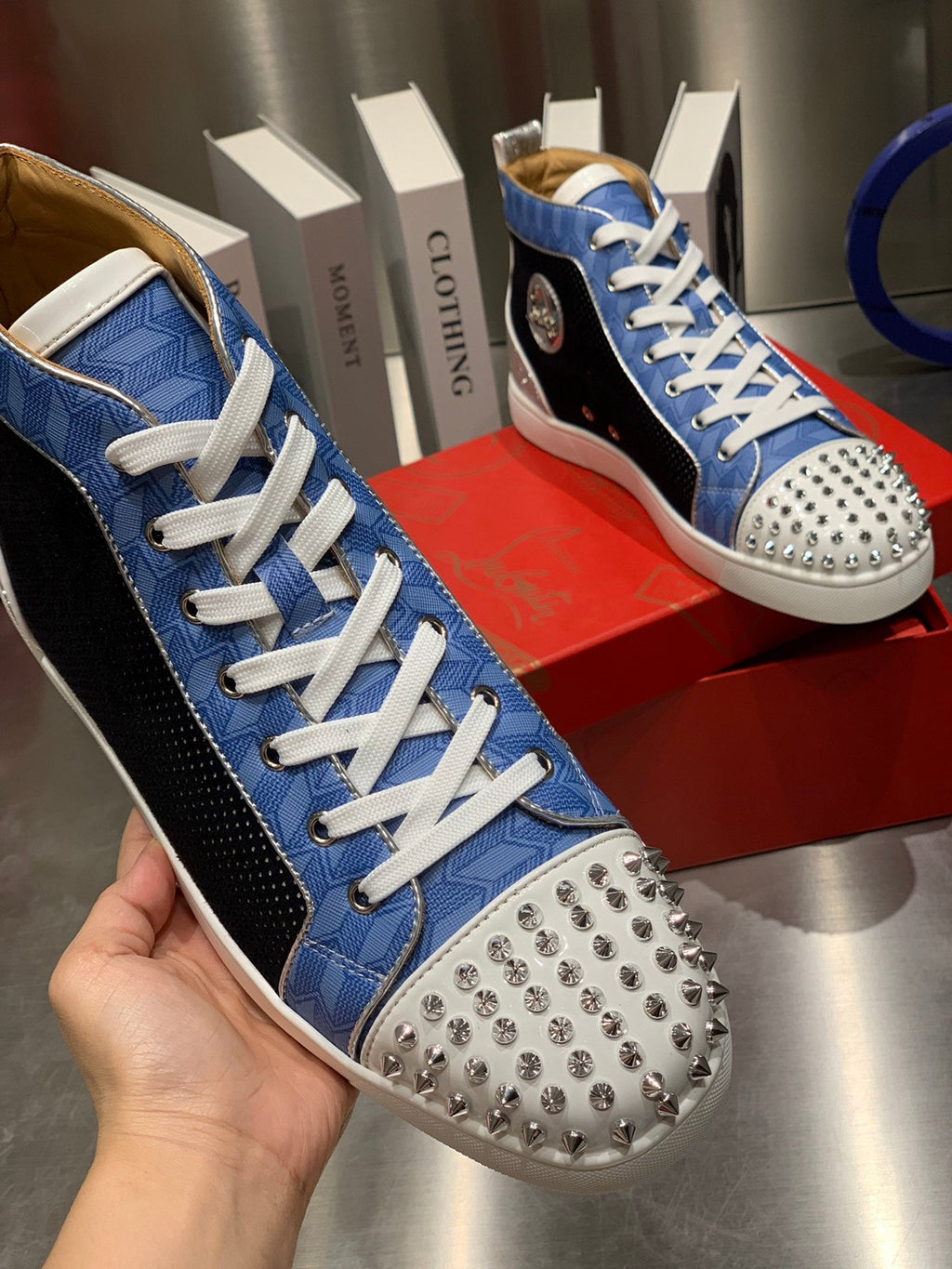 LOU SPIKES STUDDED HIGH-TOP SNEAKERS IN BLUE AND BLACK FABRIC MIX CALFSKIN