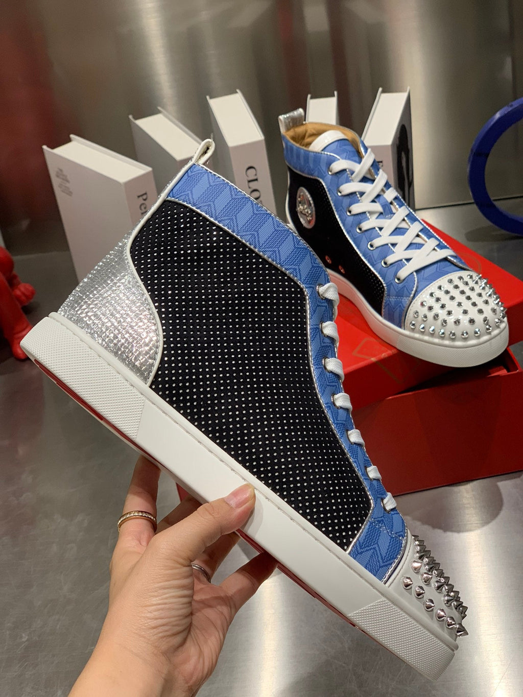 LOU SPIKES STUDDED HIGH-TOP SNEAKERS IN BLUE AND BLACK FABRIC MIX CALFSKIN