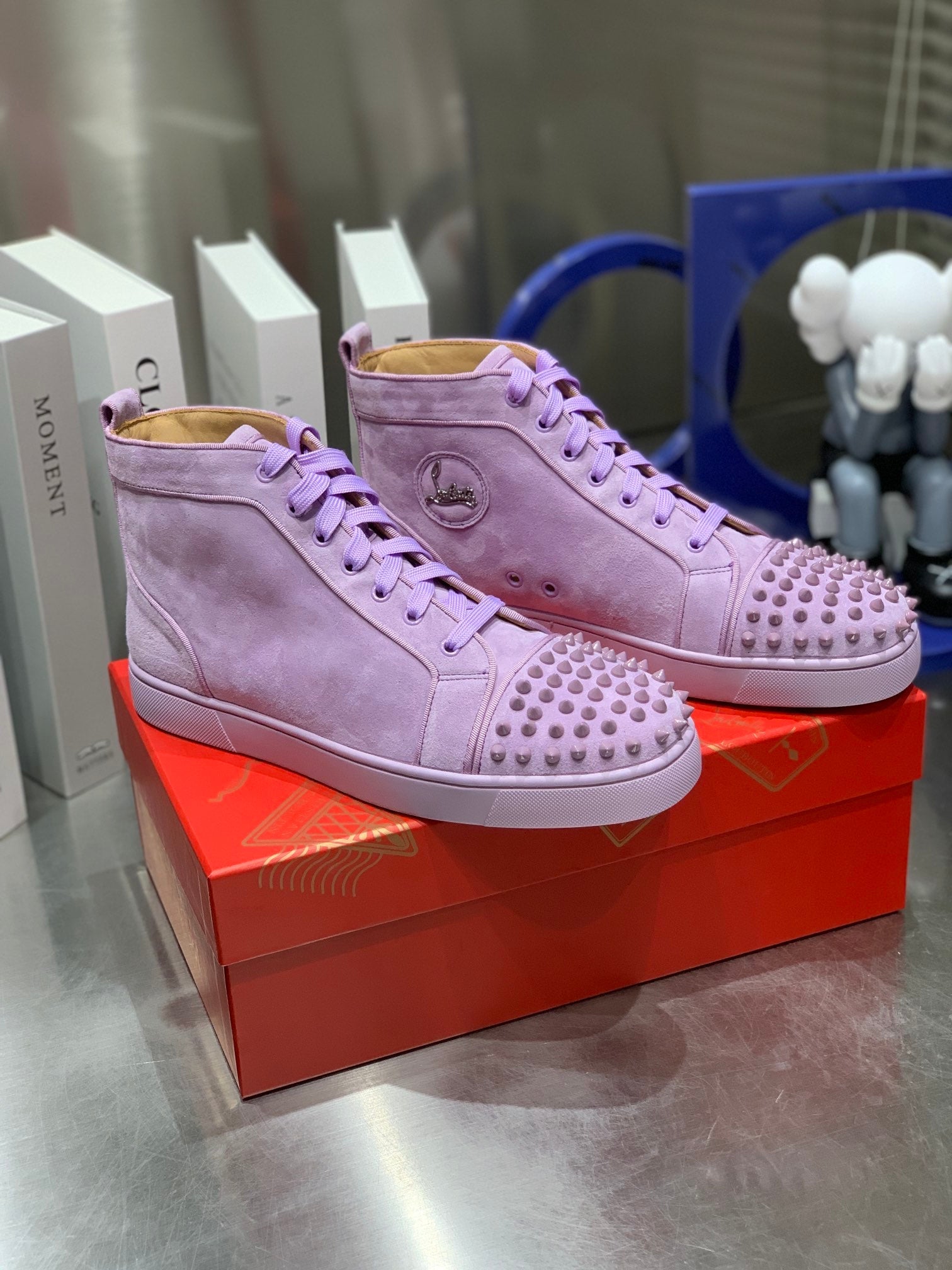 LOU SPIKES STUDDED HIGH-TOP SNEAKERS IN BABY PURPLE SUEDE