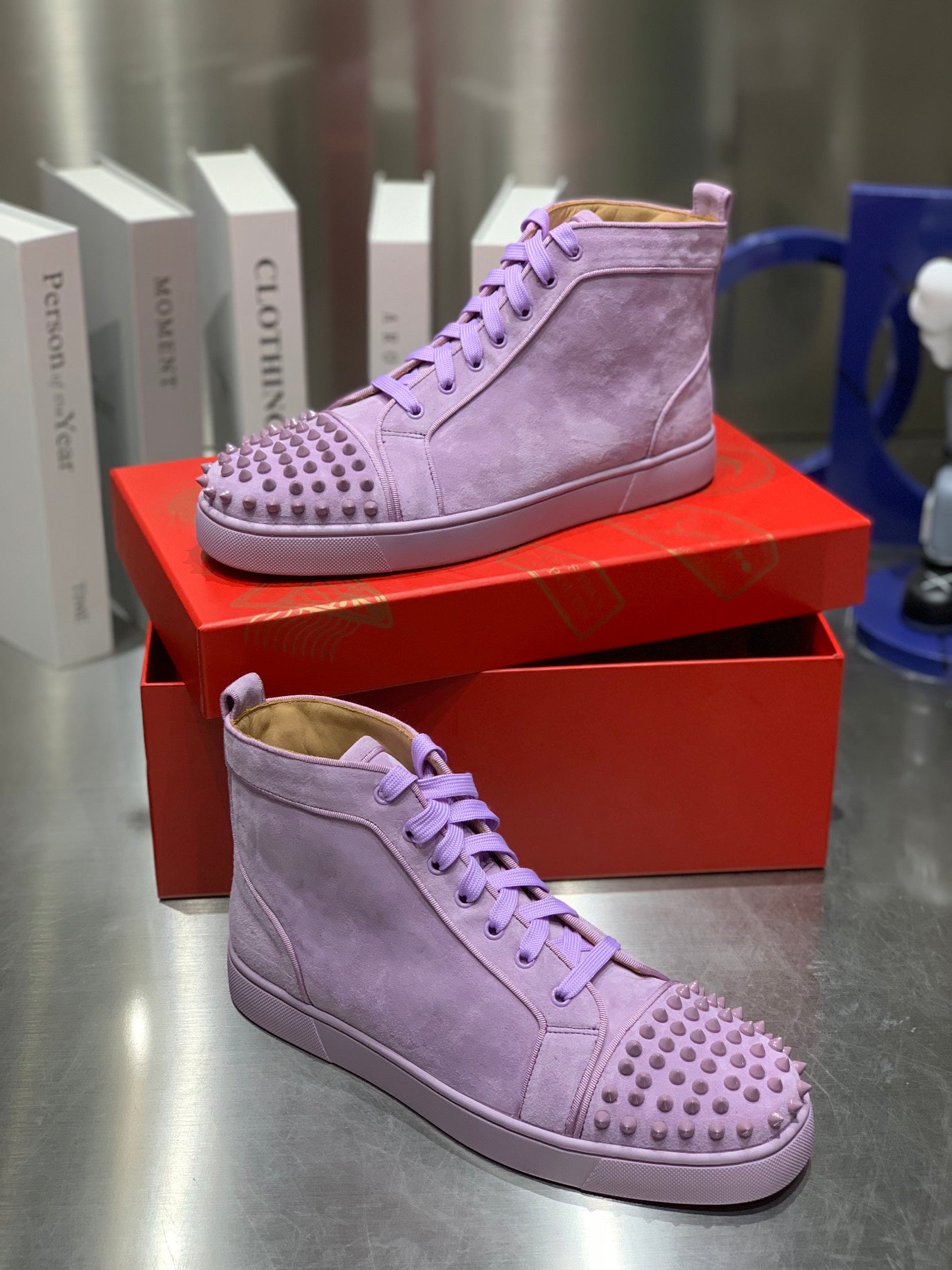 LOU SPIKES STUDDED HIGH-TOP SNEAKERS IN BABY PURPLE SUEDE