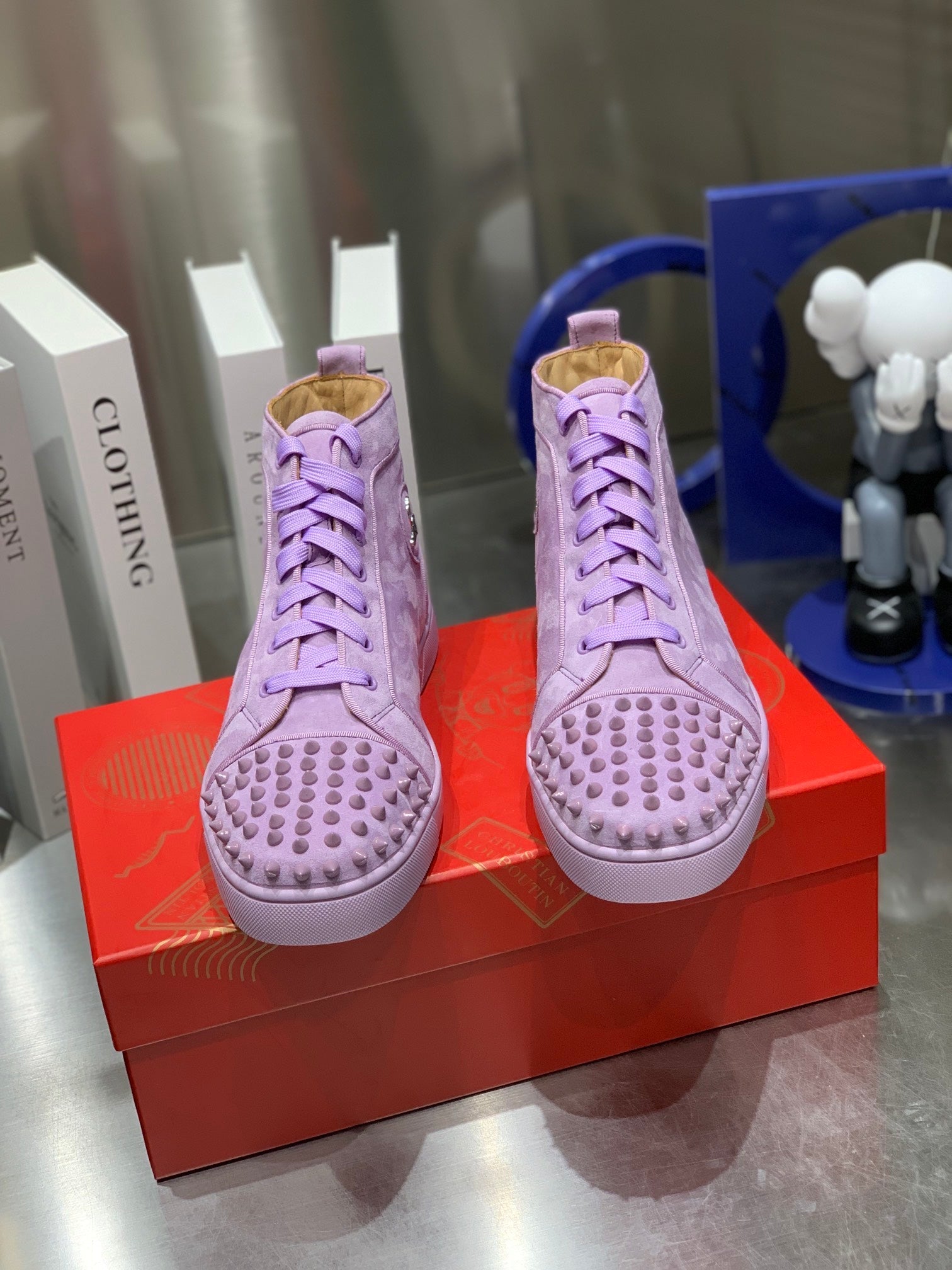 LOU SPIKES STUDDED HIGH-TOP SNEAKERS IN BABY PURPLE SUEDE