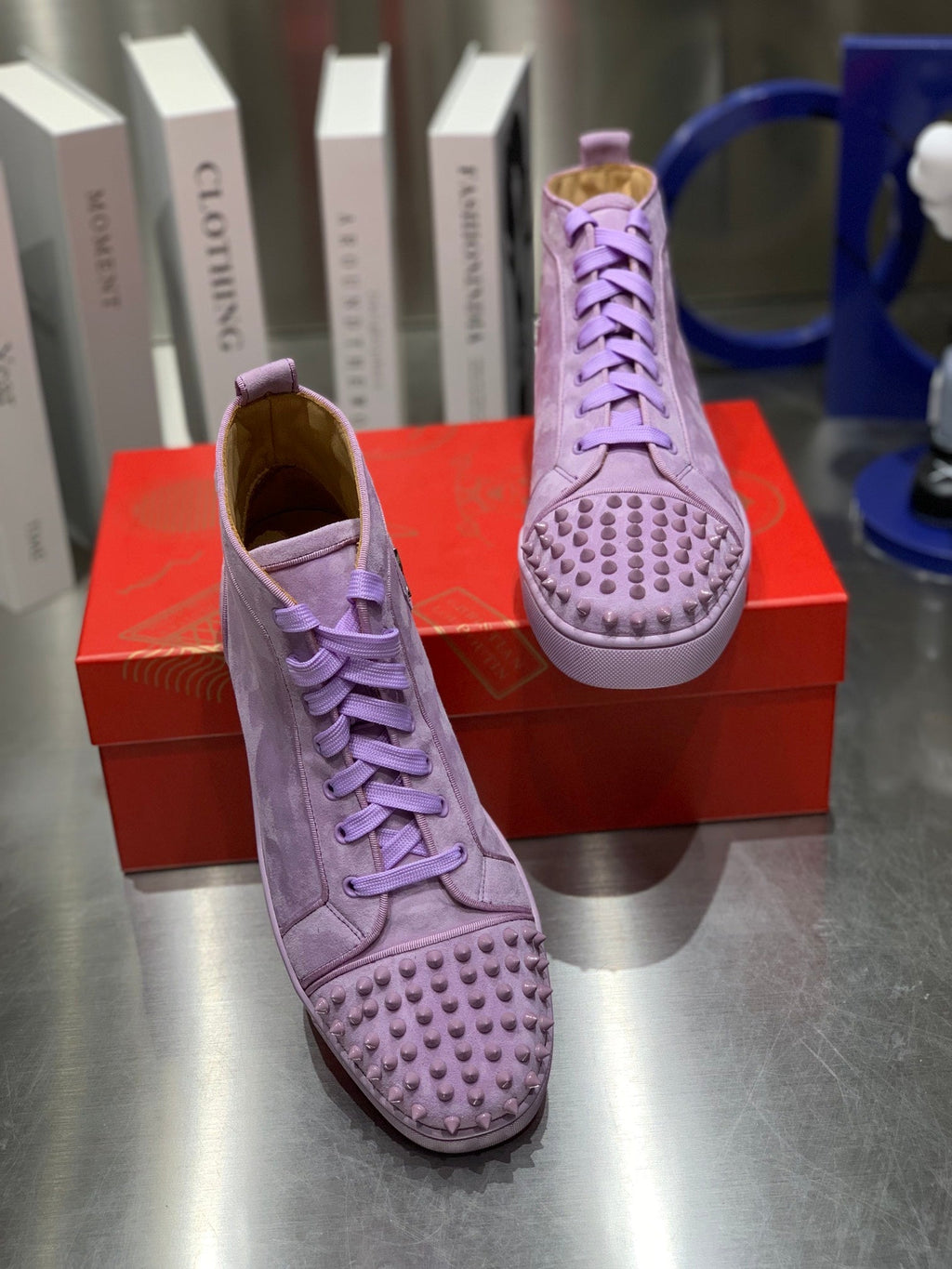LOU SPIKES STUDDED HIGH-TOP SNEAKERS IN BABY PURPLE SUEDE