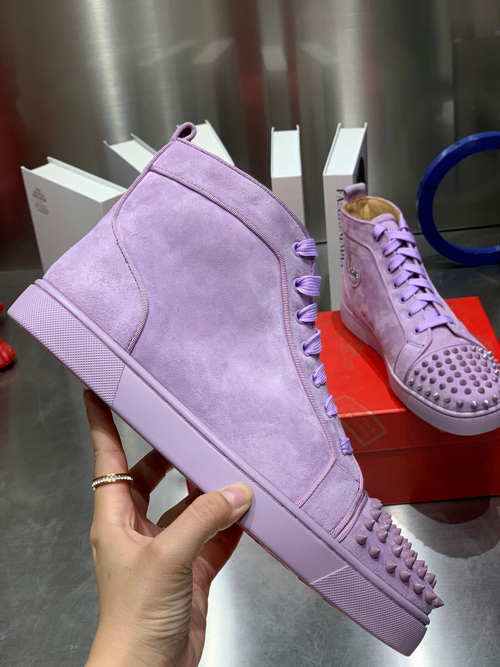 LOU SPIKES STUDDED HIGH-TOP SNEAKERS IN BABY PURPLE SUEDE