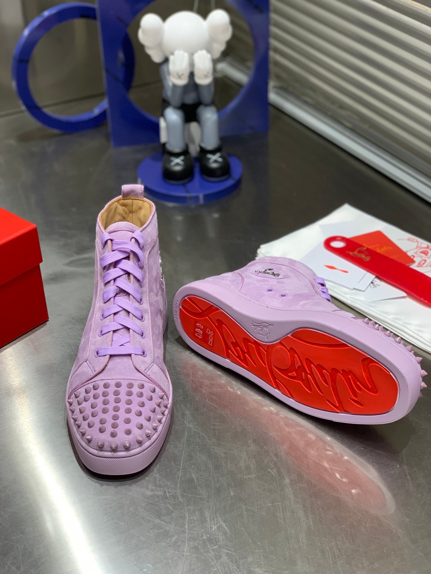 LOU SPIKES STUDDED HIGH-TOP SNEAKERS IN BABY PURPLE SUEDE