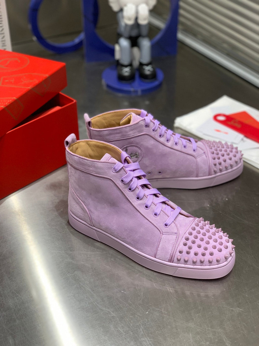 LOU SPIKES STUDDED HIGH-TOP SNEAKERS IN BABY PURPLE SUEDE