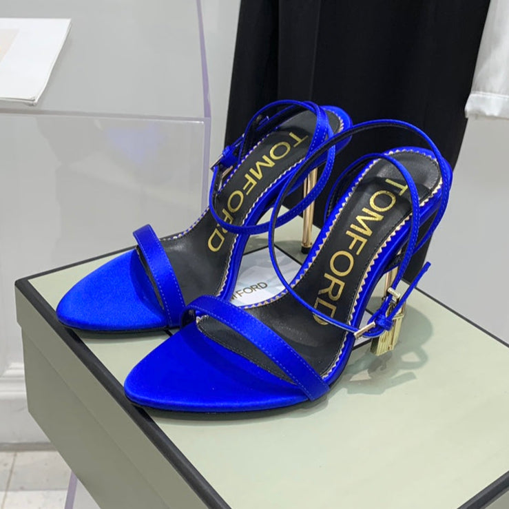 PADLOCK HIGH HEEL 10 CM SANDAL IN COBALT BLUE SHEEPSKIN