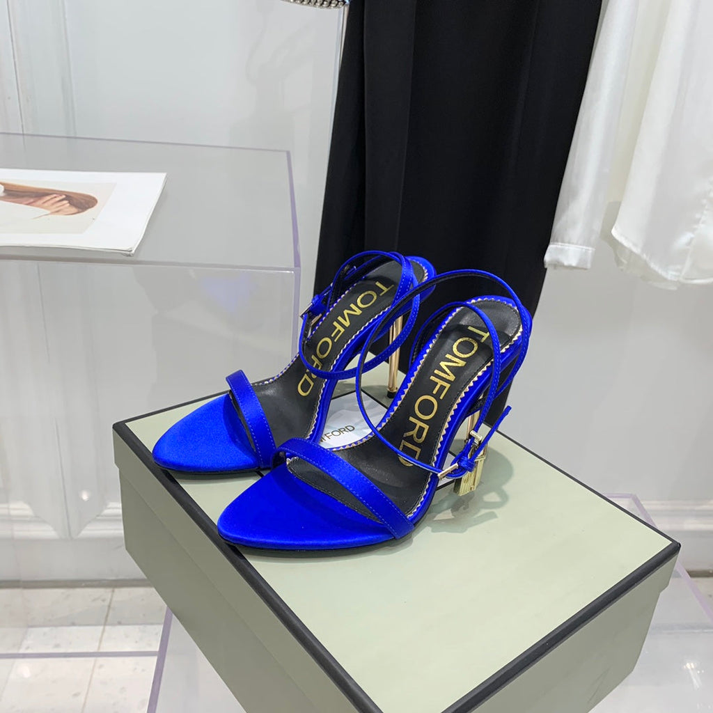 TOM FORD 26S GOLD BUCKLE HEELS 105 MM IN NAVY BLUE LAMBSKIN