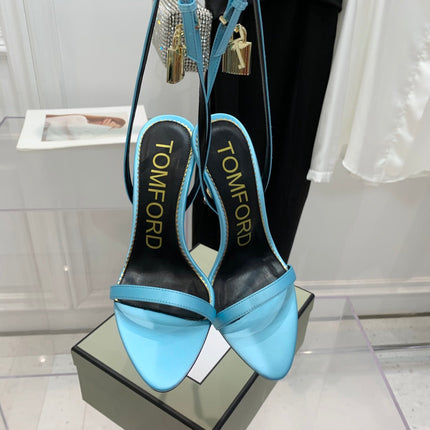 TOM FORD 26S GOLD BUCKLE HEELS 105 MM IN AQUA BLUE LAMBSKIN