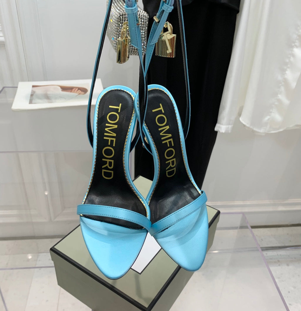 TOM FORD 26S GOLD BUCKLE HEELS 105 MM IN AQUA BLUE LAMBSKIN