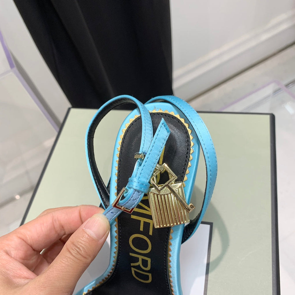 TOM FORD 26S GOLD BUCKLE HEELS 105 MM IN AQUA BLUE LAMBSKIN