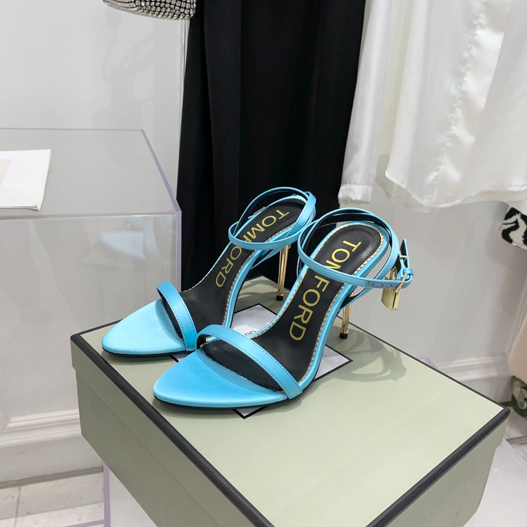 TOM FORD 26S GOLD BUCKLE HEELS 105 MM IN AQUA BLUE LAMBSKIN