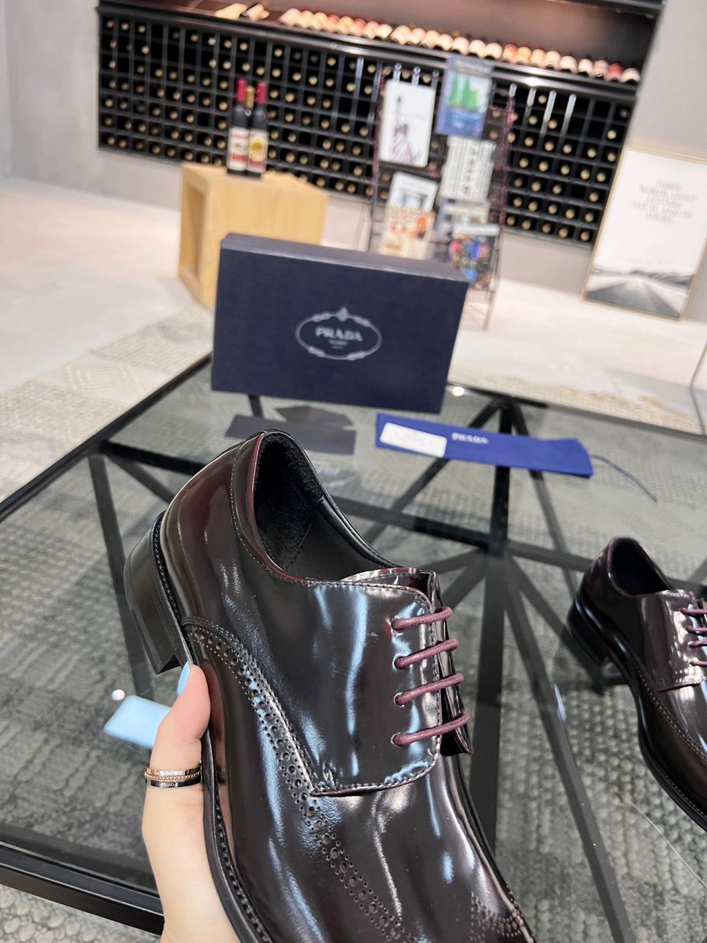 PRA BRUSHED WINE RED OMBRE LEATHER DERBY BROGUE SHOES