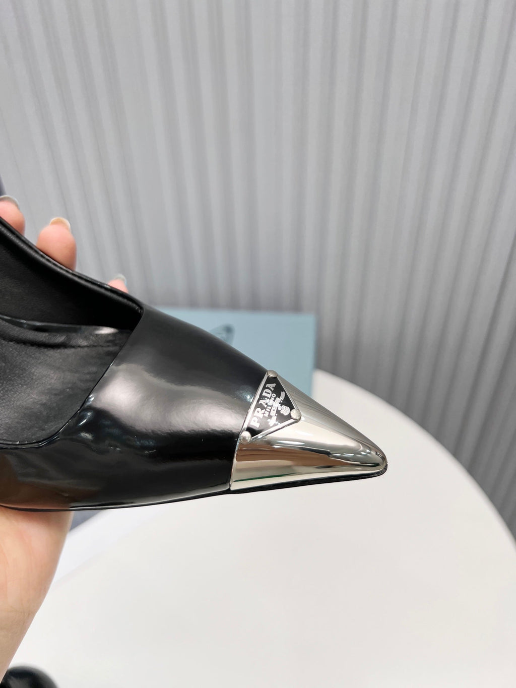 PRADA 26S PUMPS STILETTO HEEL 95MM IN BLACK METAL TIP CALFSKIN