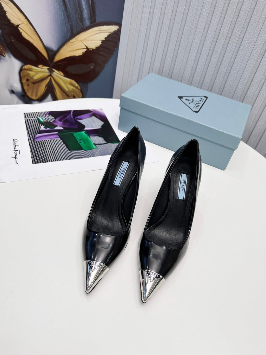 PRADA 26S PUMPS STILETTO HEEL 95MM IN BLACK METAL TIP CALFSKIN