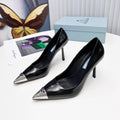 PRADA 26S PUMPS STILETTO HEEL 95MM IN BLACK METAL TIP CALFSKIN