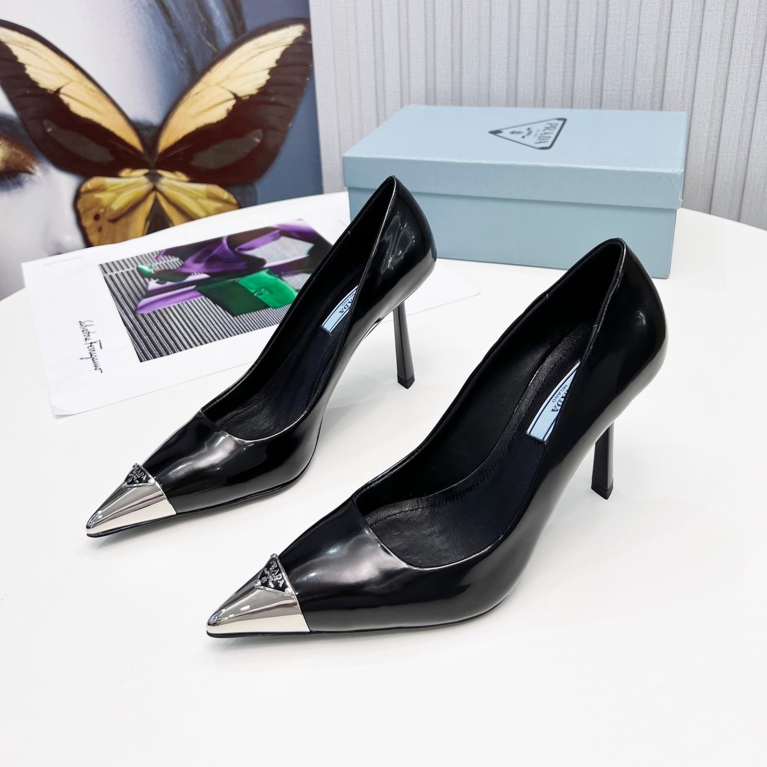 PRADA 26S PUMPS STILETTO HEEL 95MM IN BLACK METAL TIP CALFSKIN