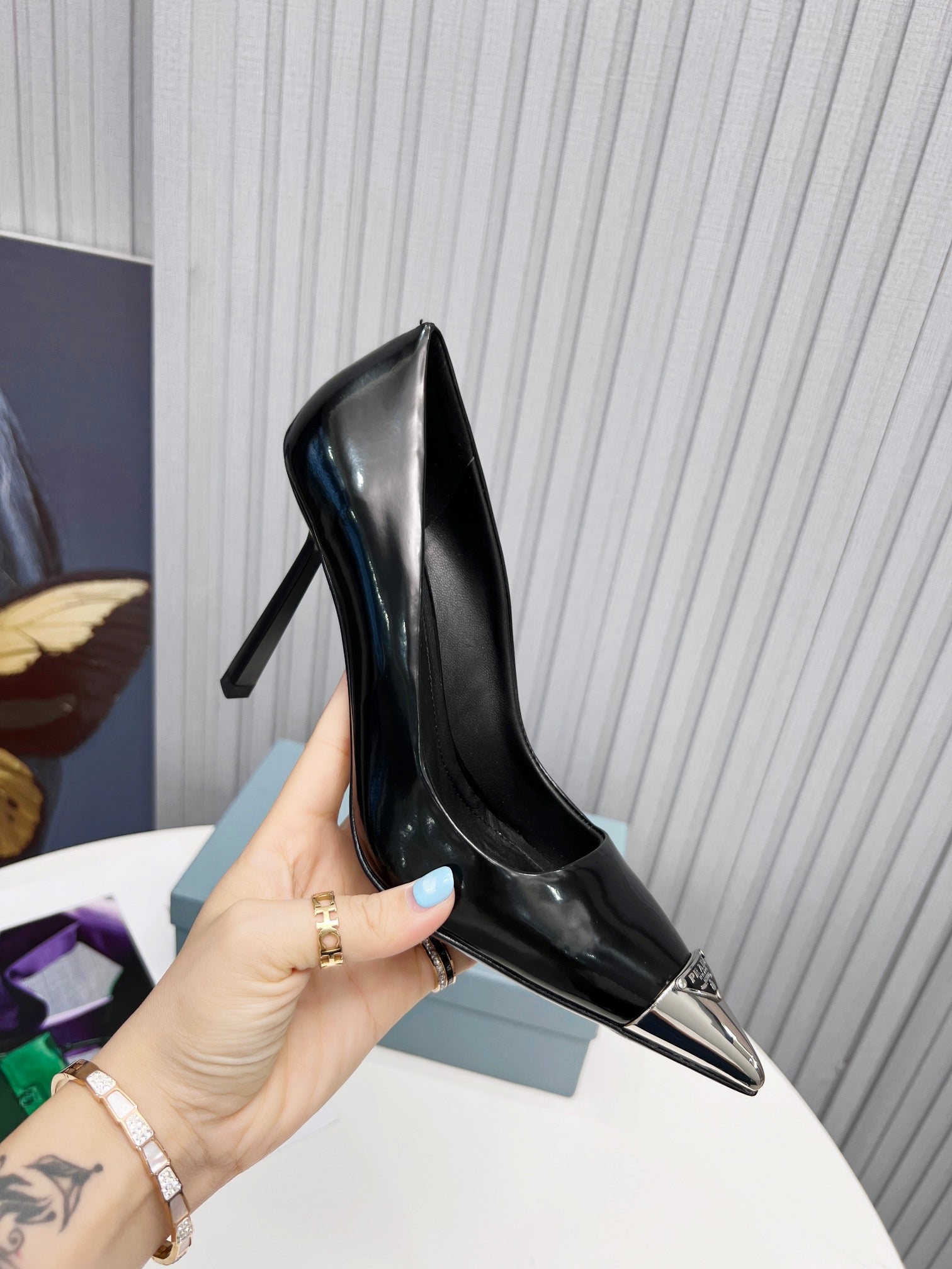 PRADA 26S PUMPS STILETTO HEEL 95MM IN BLACK METAL TIP CALFSKIN
