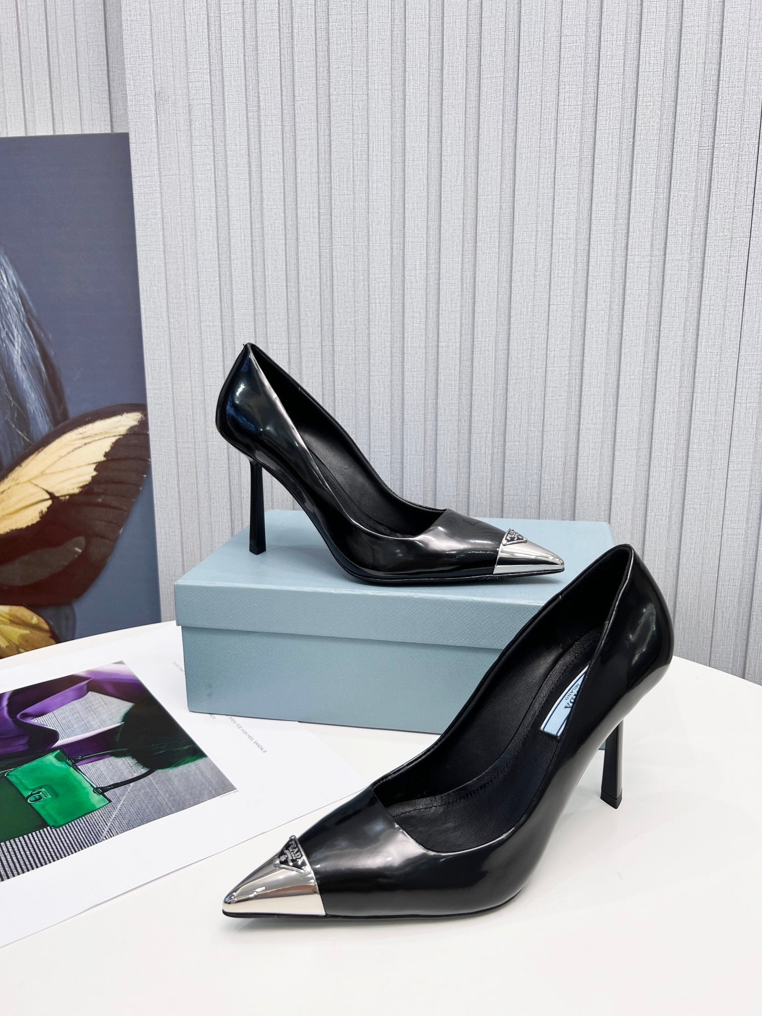 PRADA 26S PUMPS STILETTO HEEL 95MM IN BLACK METAL TIP CALFSKIN