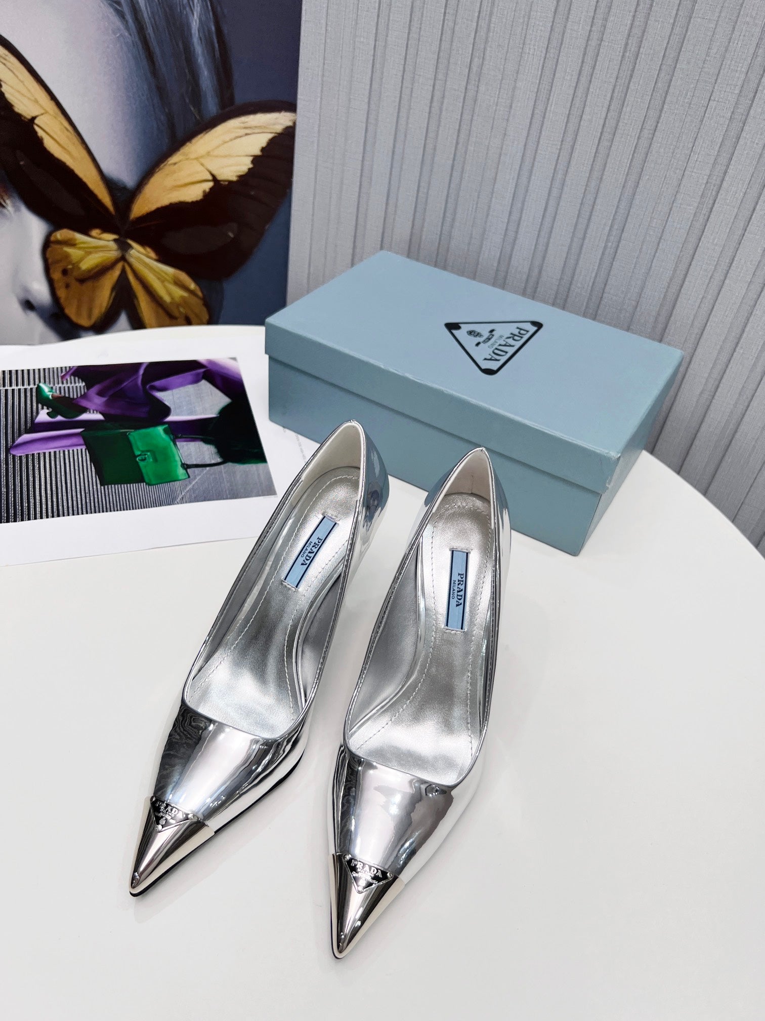 PRADA 26S PUMPS STILETTO HEEL 95MM IN SILVER METAL TIP CALFSKIN