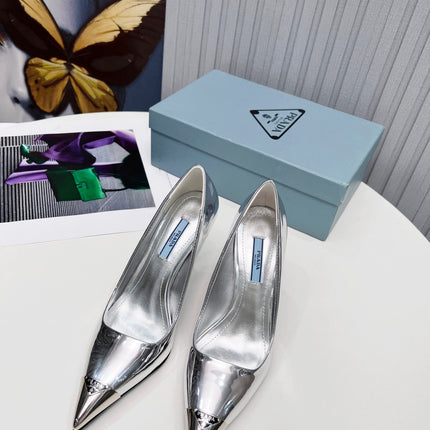 PRADA 26S PUMPS STILETTO HEEL 95MM IN SILVER METAL TIP CALFSKIN