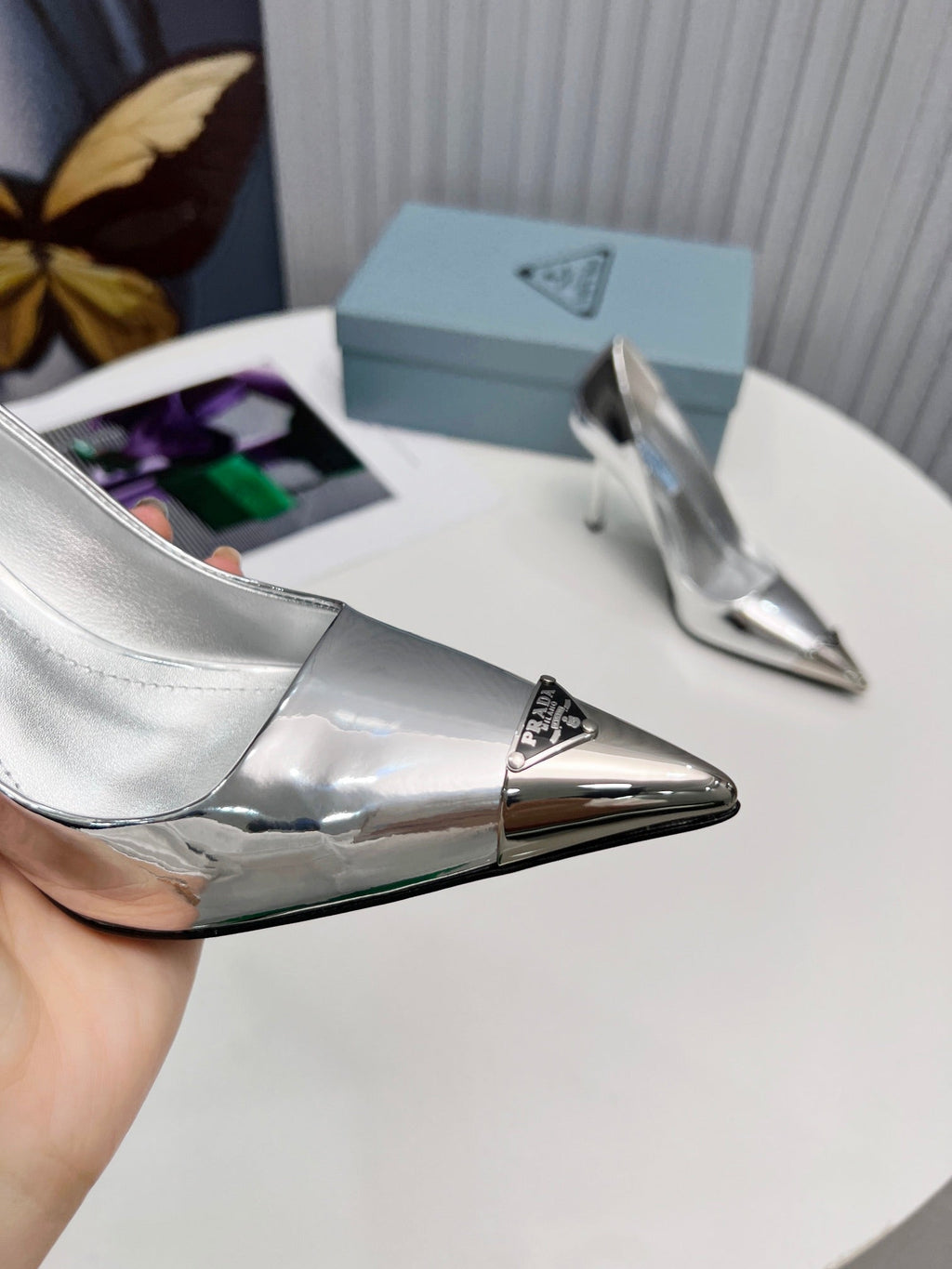 PRADA 26S PUMPS STILETTO HEEL 95MM IN SILVER METAL TIP CALFSKIN