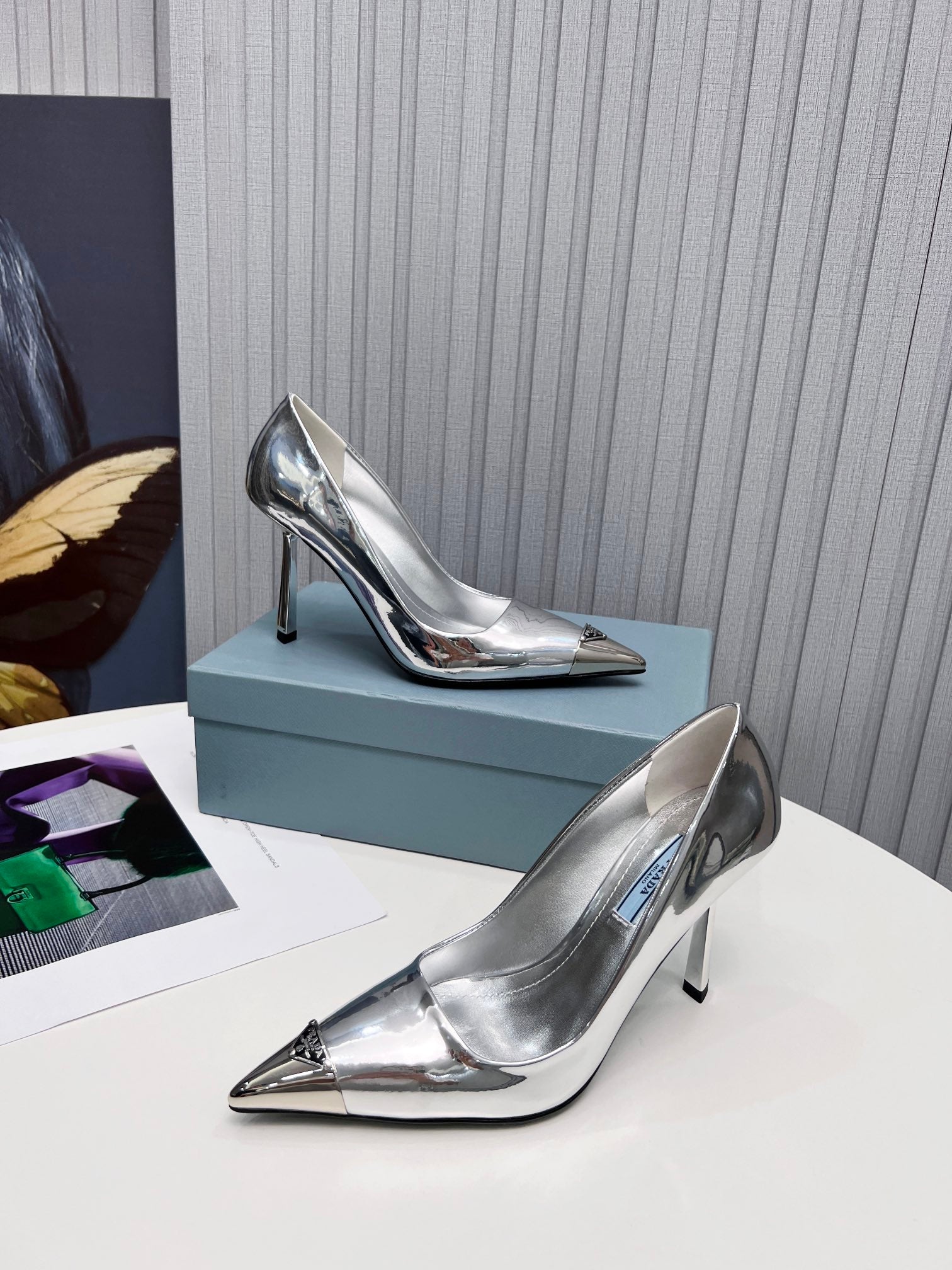 PRADA 26S PUMPS STILETTO HEEL 95MM IN SILVER METAL TIP CALFSKIN