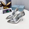 PRADA 26S PUMPS STILETTO HEEL 95MM IN SILVER METAL TIP CALFSKIN