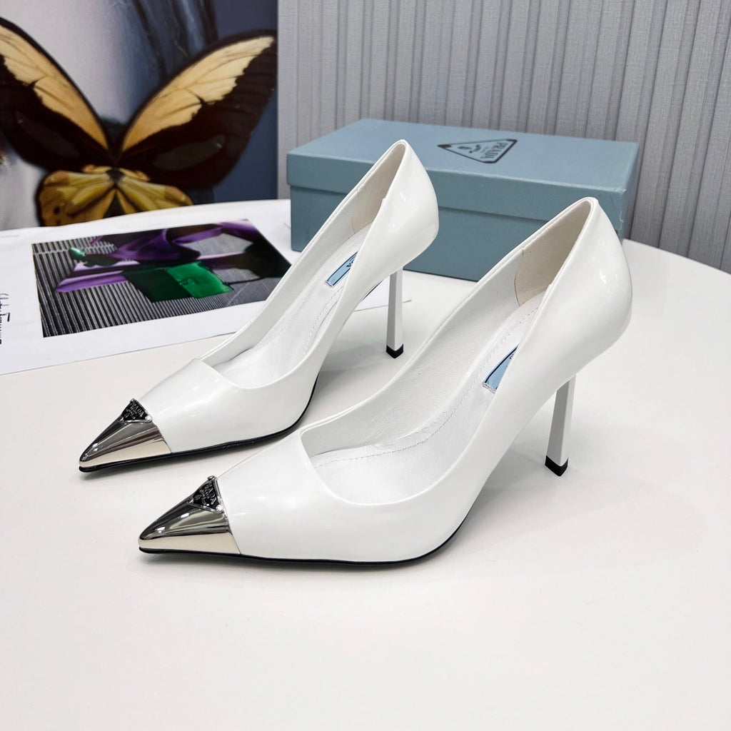 PRADA 26S PUMPS STILETTO HEEL 95MM IN WHITE METAL TIP CALFSKIN