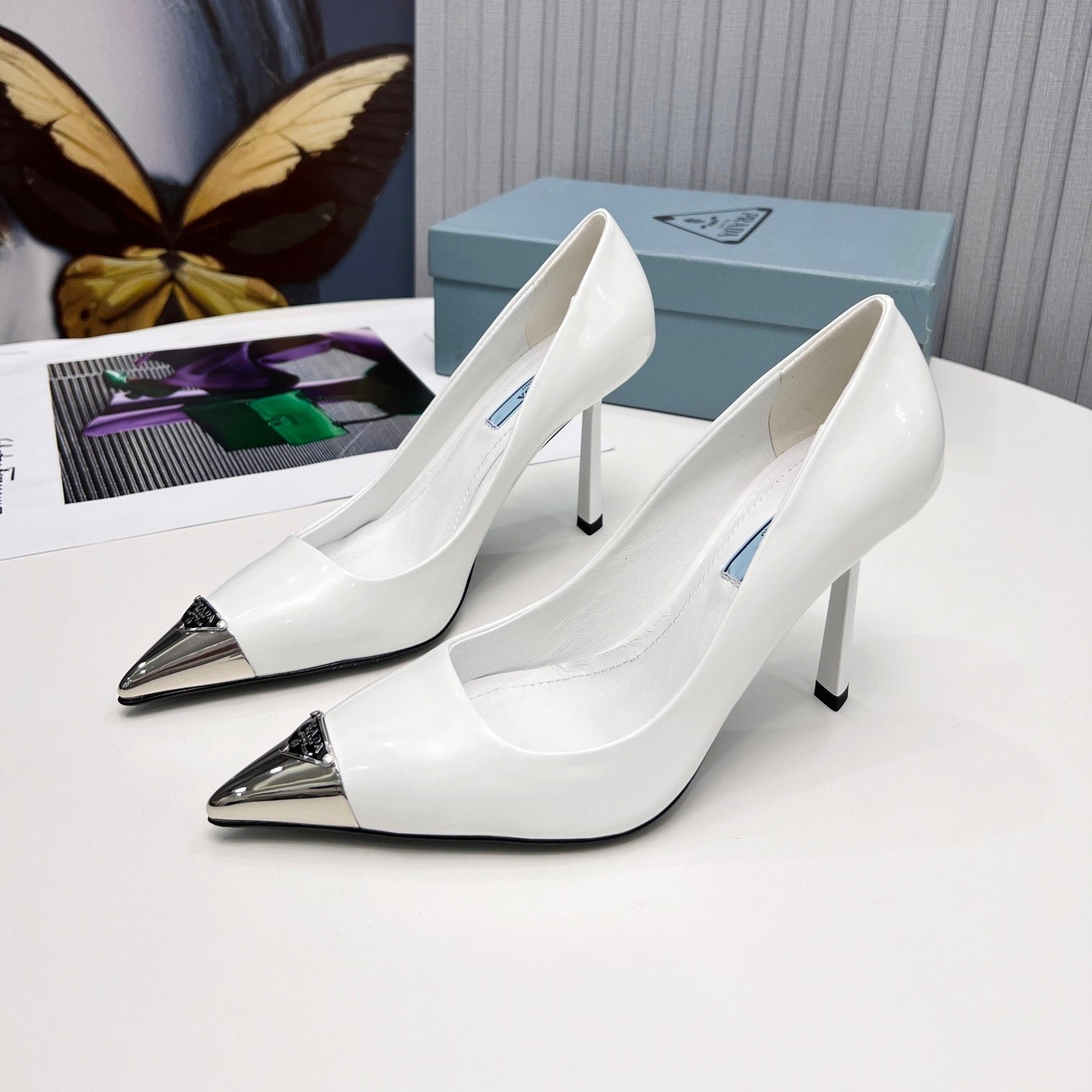 PRADA 26S PUMPS STILETTO HEEL 95MM IN WHITE METAL TIP CALFSKIN