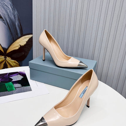 PRADA 26S PUMPS STILETTO HEEL 95MM IN NUDE BEIGE METAL TIP CALFSKIN