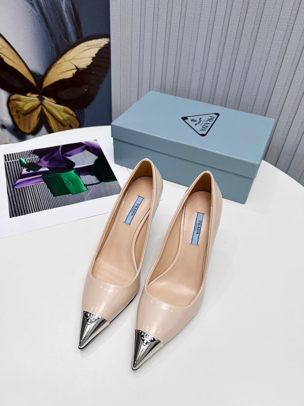 PRADA 26S PUMPS STILETTO HEEL 95MM IN NUDE BEIGE METAL TIP CALFSKIN