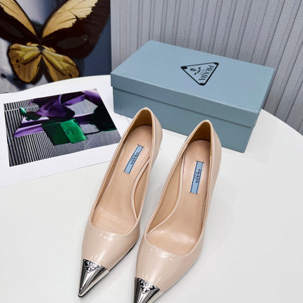 PRADA 26S PUMPS STILETTO HEEL 95MM IN NUDE BEIGE METAL TIP CALFSKIN