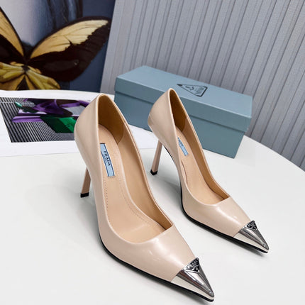PRADA 26S PUMPS STILETTO HEEL 95MM IN NUDE BEIGE METAL TIP CALFSKIN