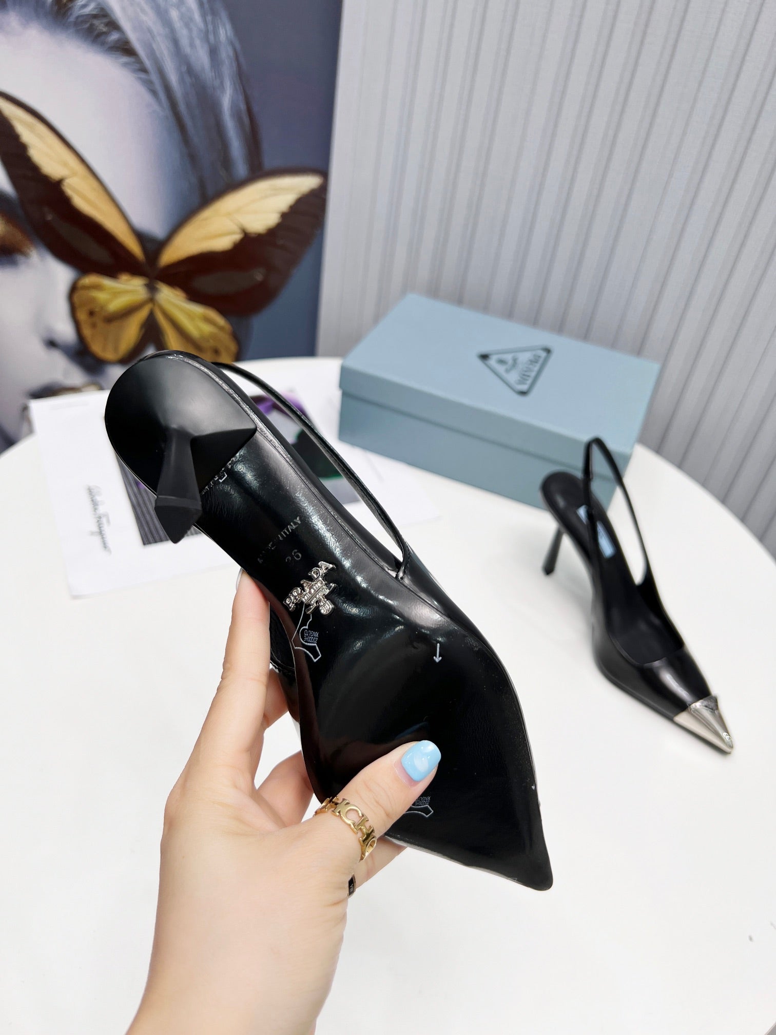 PRADA 26S SLINGBACK HEELS 95MM IN BLACK METAL TIP CALFSKIN