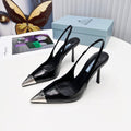 PRADA 26S SLINGBACK HEELS 95MM IN BLACK METAL TIP CALFSKIN
