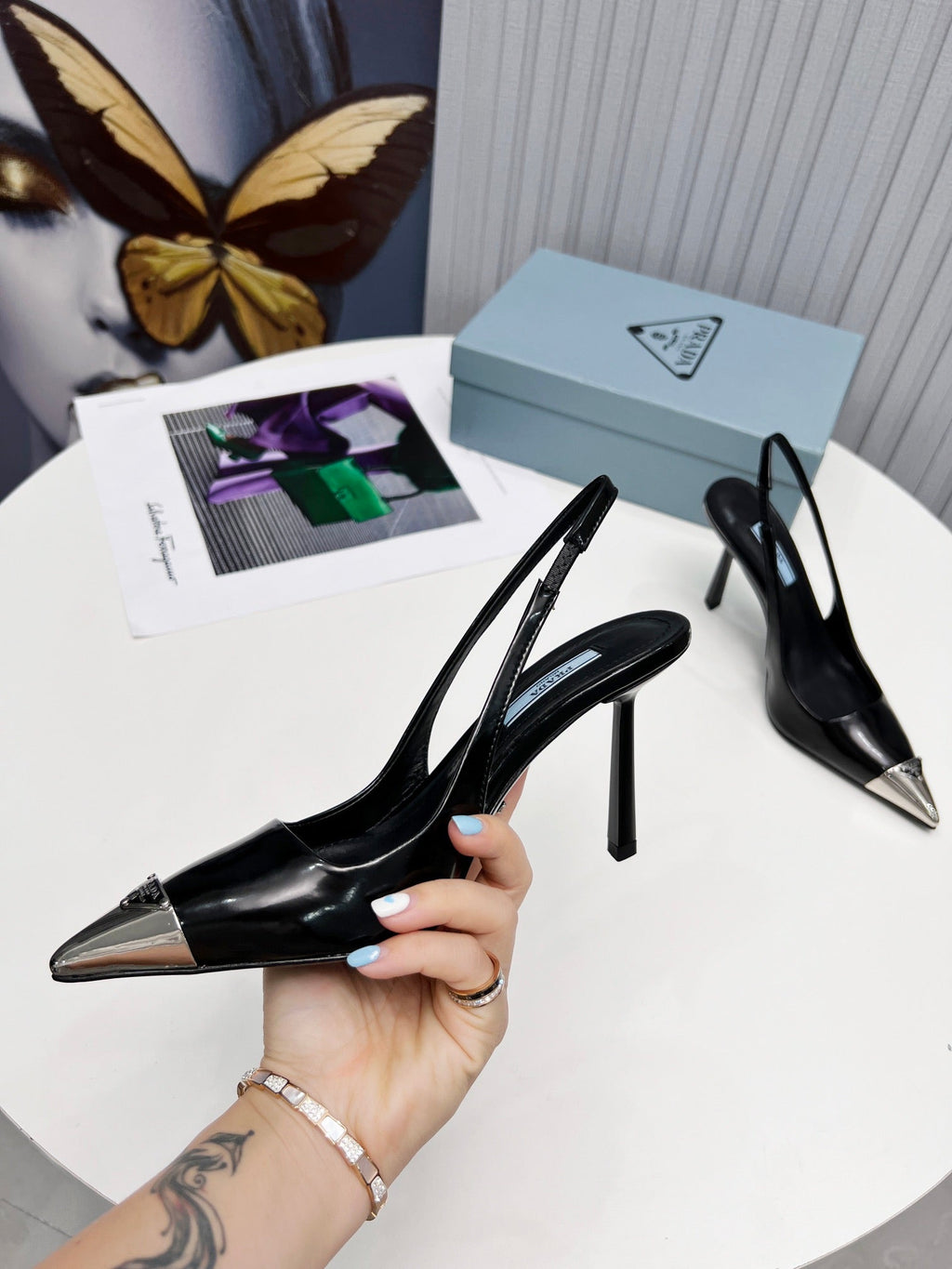 PRADA 26S SLINGBACK HEELS 95MM IN BLACK METAL TIP CALFSKIN