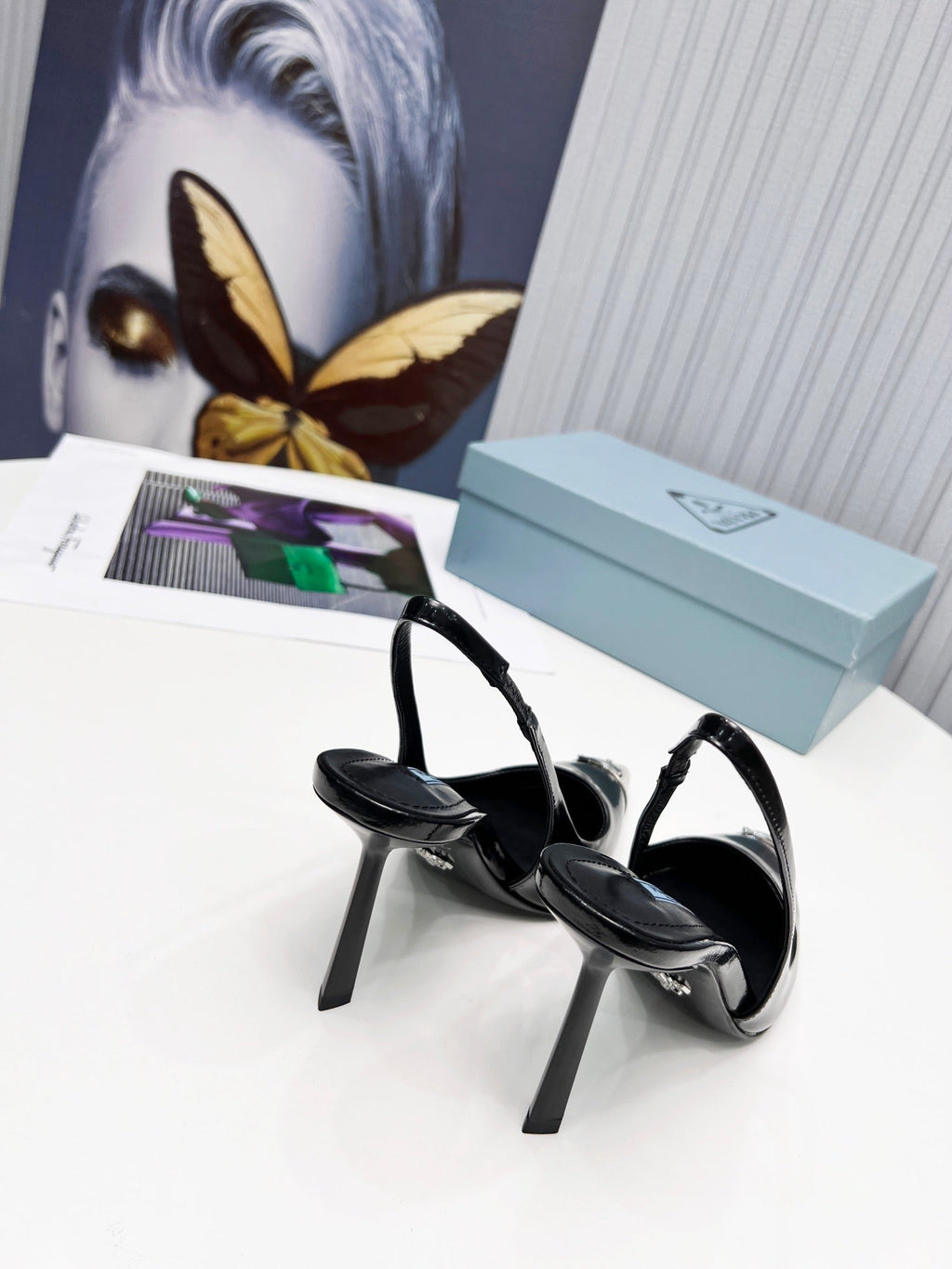 PRADA 26S SLINGBACK HEELS 95MM IN BLACK METAL TIP CALFSKIN